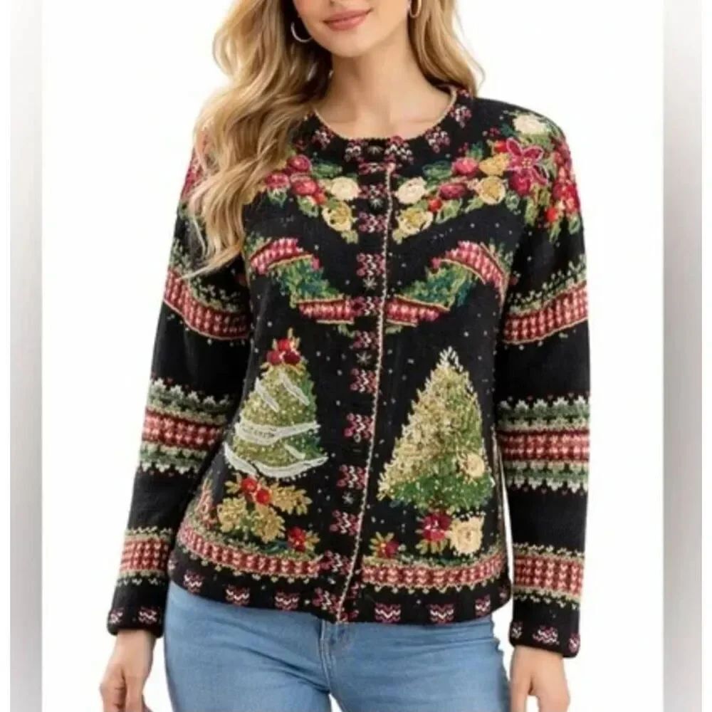 Vintage Tiara Beaded Christmas Knit Sweater XL